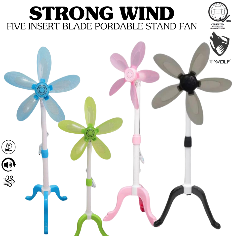T-Wolf Strong Wind 5-Blade Portable Stand Fan – Height Adjustable Electric Standing Fan for Home, Office & dorm