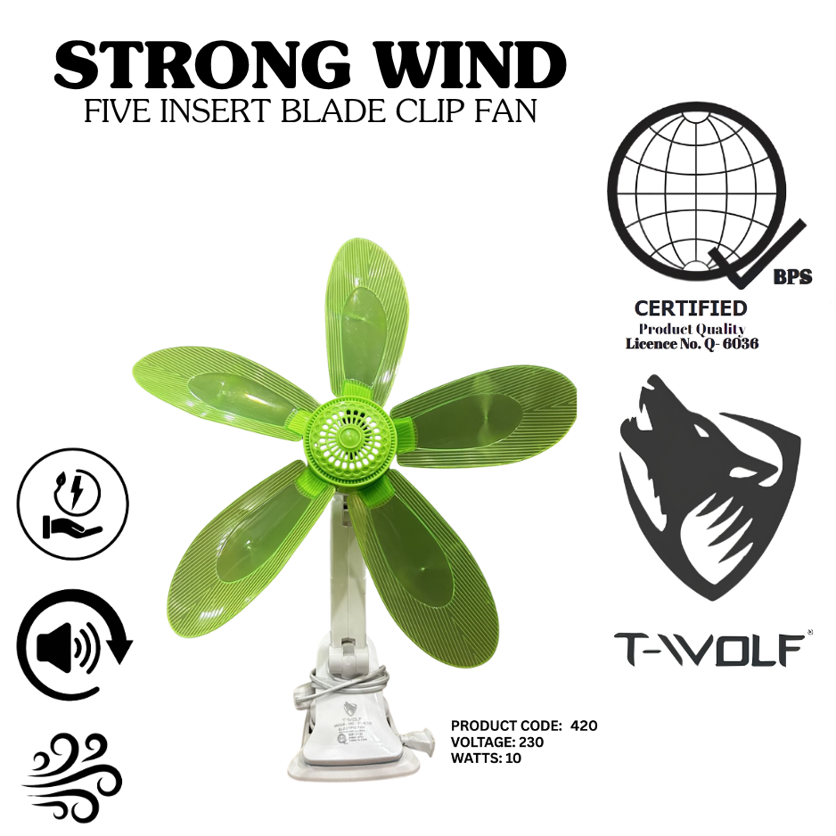 T-Wolf Strong Wind 5-Blade Clip Fan – Portable & Quiet Electric Desk Fan