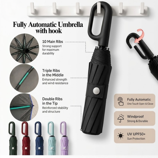 Ultimate Windproof 10-Rib Auto Umbrella: 3-Fold Heavy-Duty Protection with Ergonomic Hook Handle and Black Backing