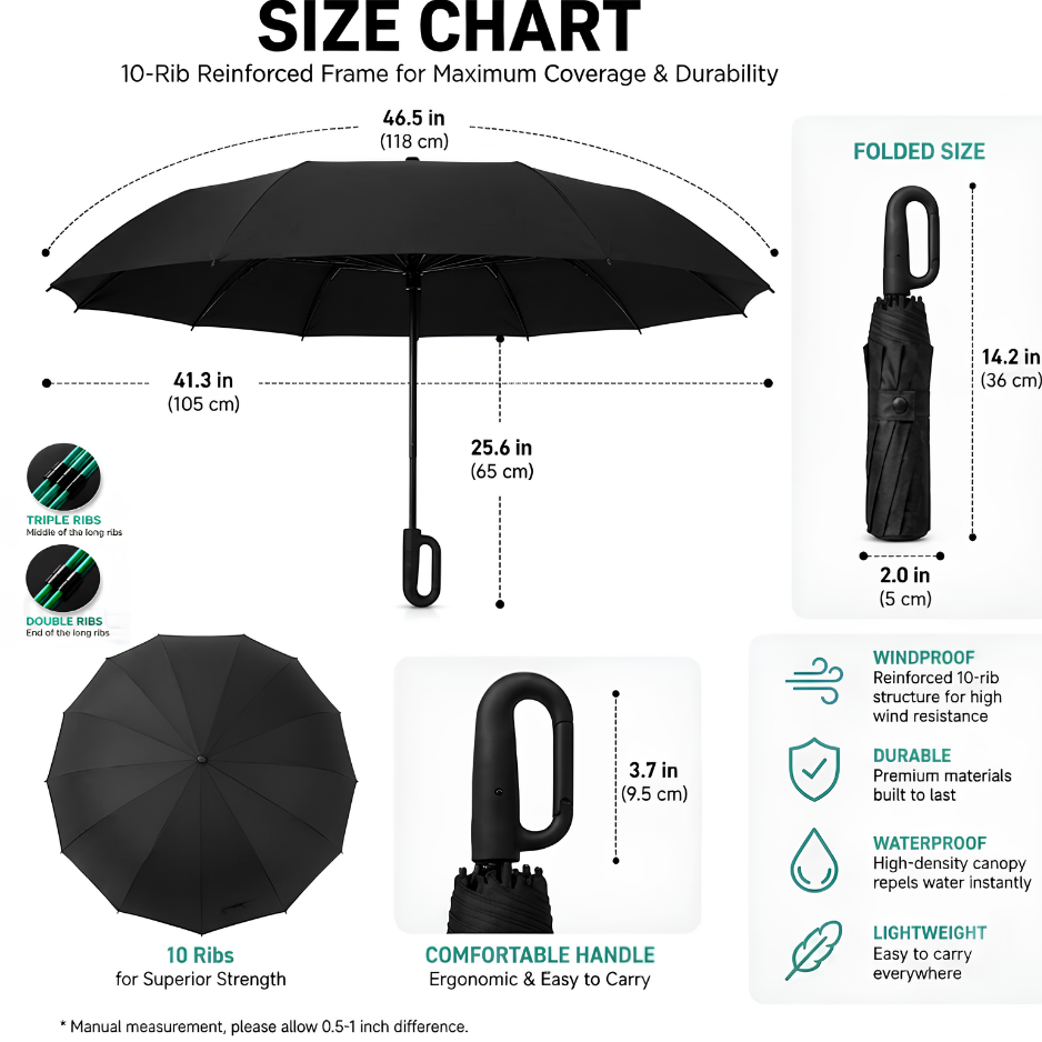 Ultimate Windproof 10-Rib Auto Umbrella: 3-Fold Heavy-Duty Protection with Ergonomic Hook Handle and Black Backing