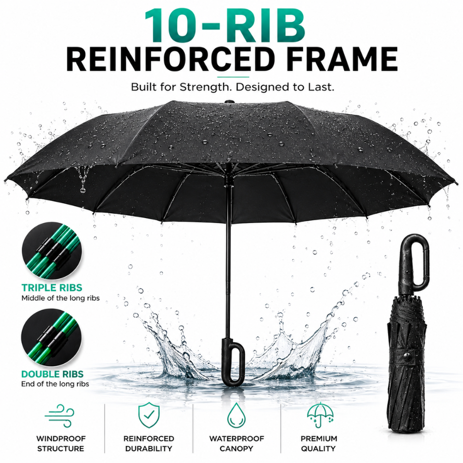 Ultimate Windproof 10-Rib Auto Umbrella: 3-Fold Heavy-Duty Protection with Ergonomic Hook Handle and Black Backing