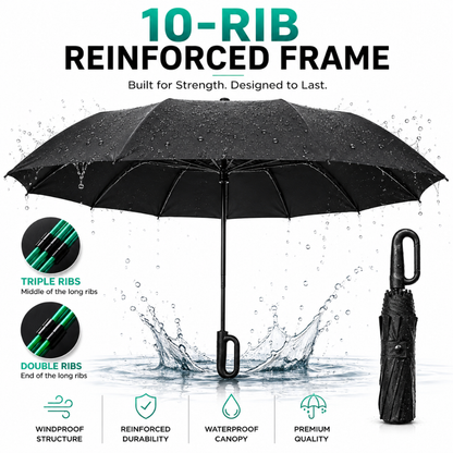 Ultimate Windproof 10-Rib Auto Umbrella: 3-Fold Heavy-Duty Protection with Ergonomic Hook Handle and Black Backing