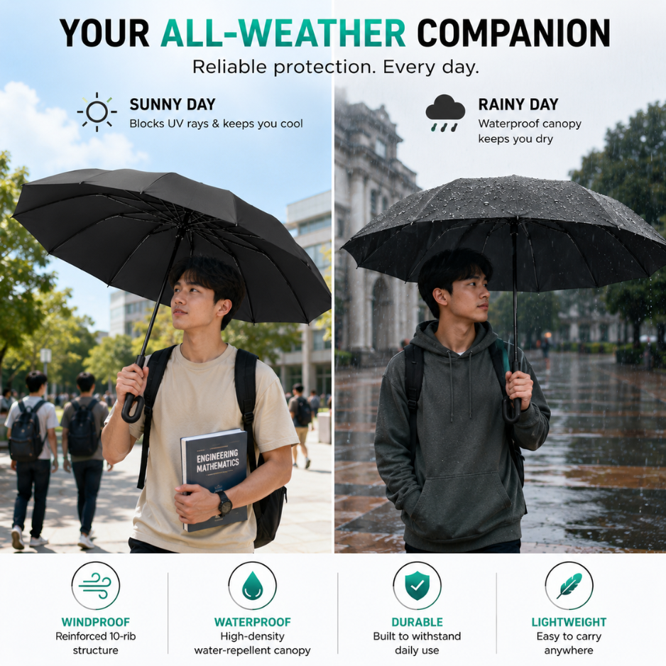 Ultimate Windproof 10-Rib Auto Umbrella: 3-Fold Heavy-Duty Protection with Ergonomic Hook Handle and Black Backing
