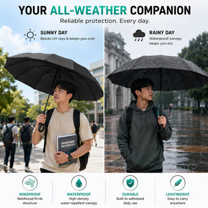Ultimate Windproof 10-Rib Auto Umbrella: 3-Fold Heavy-Duty Protection with Ergonomic Hook Handle and Black Backing