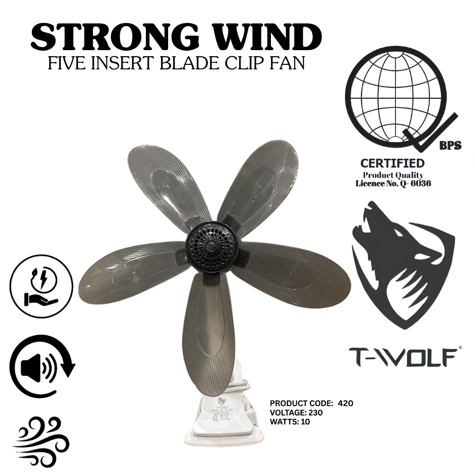 T-Wolf Strong Wind 5-Blade Clip Fan – Portable & Quiet Electric Desk Fan