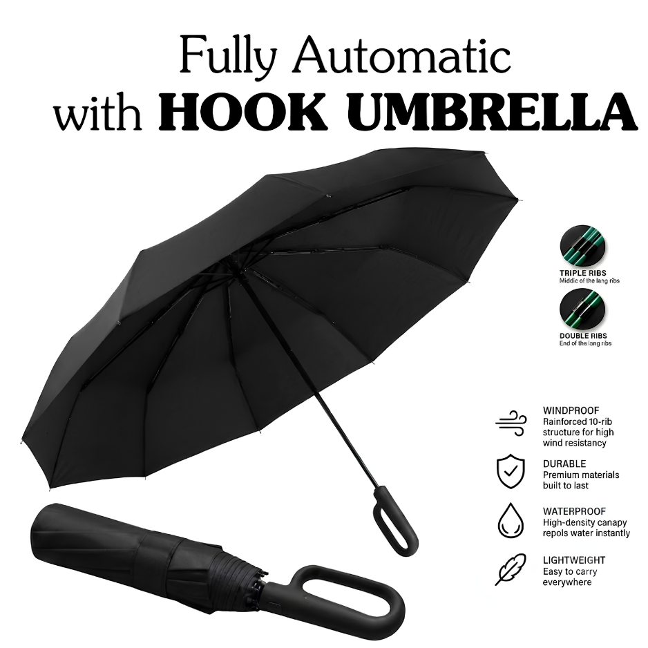 Ultimate Windproof 10-Rib Auto Umbrella: 3-Fold Heavy-Duty Protection with Ergonomic Hook Handle and Black Backing