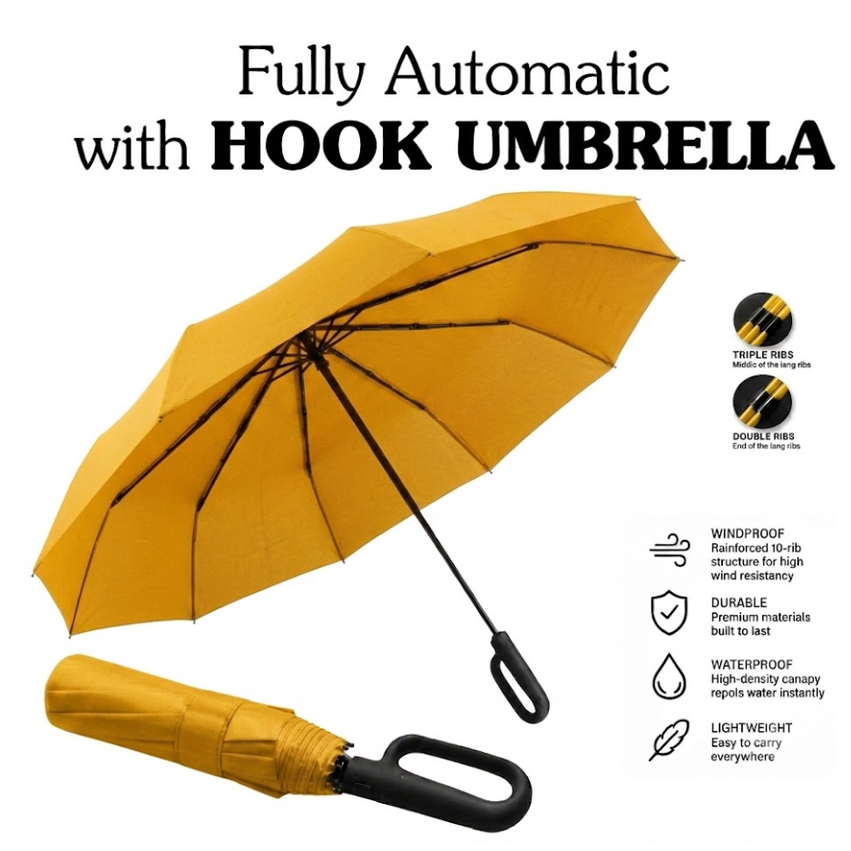 Ultimate Windproof 10-Rib Auto Umbrella: 3-Fold Heavy-Duty Protection with Ergonomic Hook Handle and Black Backing
