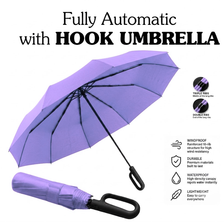 Ultimate Windproof 10-Rib Auto Umbrella: 3-Fold Heavy-Duty Protection with Ergonomic Hook Handle and Black Backing
