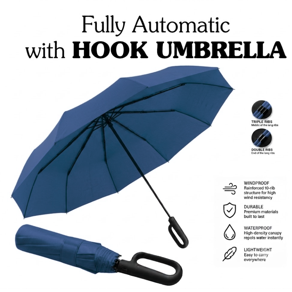 Ultimate Windproof 10-Rib Auto Umbrella: 3-Fold Heavy-Duty Protection with Ergonomic Hook Handle and Black Backing