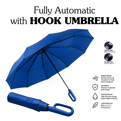 Ultimate Windproof 10-Rib Auto Umbrella: 3-Fold Heavy-Duty Protection with Ergonomic Hook Handle and Black Backing