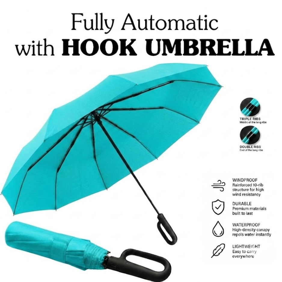 Ultimate Windproof 10-Rib Auto Umbrella: 3-Fold Heavy-Duty Protection with Ergonomic Hook Handle and Black Backing