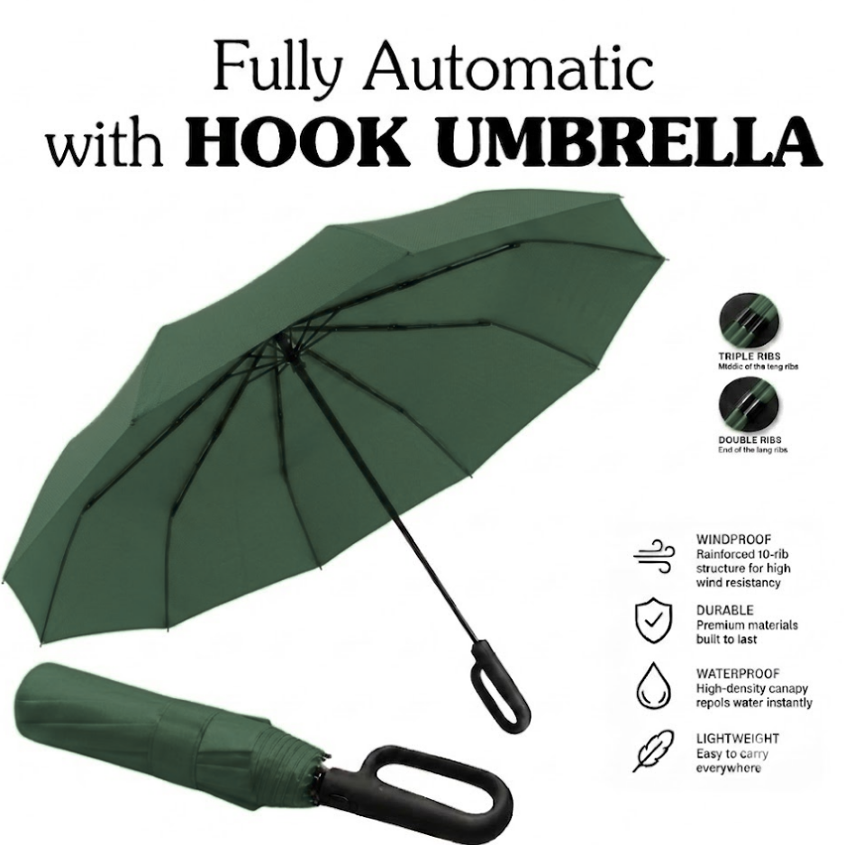Ultimate Windproof 10-Rib Auto Umbrella: 3-Fold Heavy-Duty Protection with Ergonomic Hook Handle and Black Backing