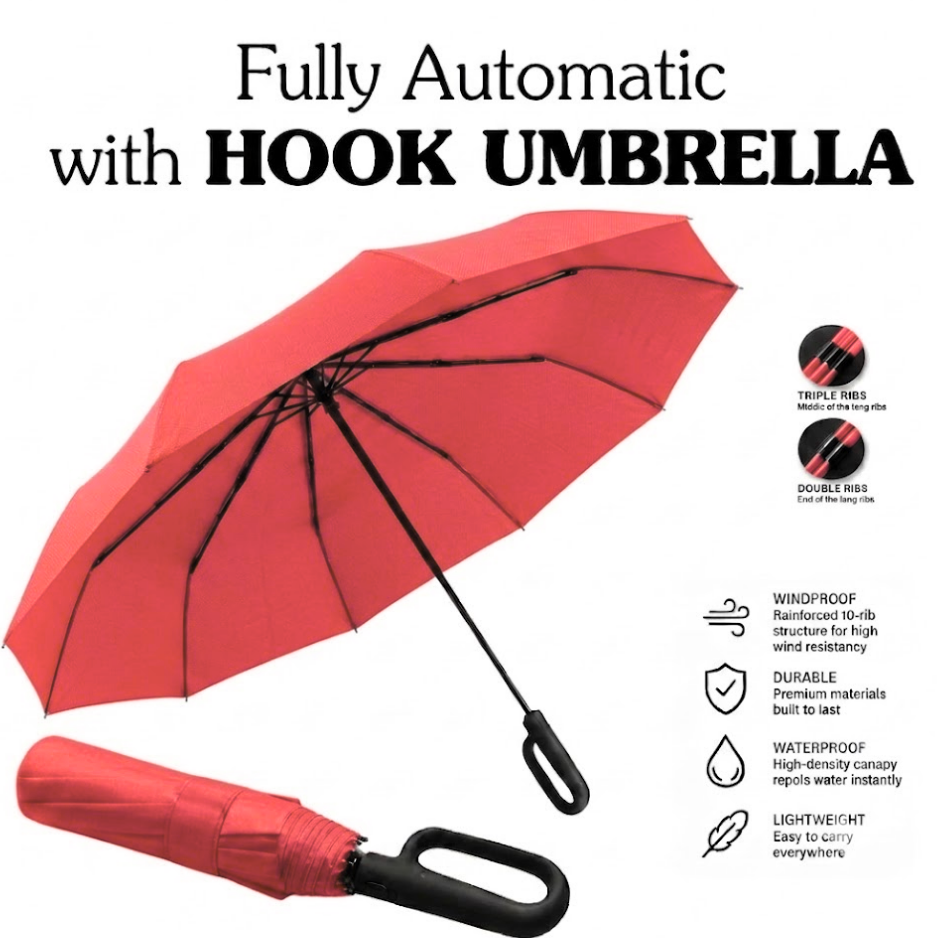 Ultimate Windproof 10-Rib Auto Umbrella: 3-Fold Heavy-Duty Protection with Ergonomic Hook Handle and Black Backing