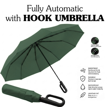 Ultimate Windproof 10-Rib Auto Umbrella: 3-Fold Heavy-Duty Protection with Ergonomic Hook Handle and Black Backing