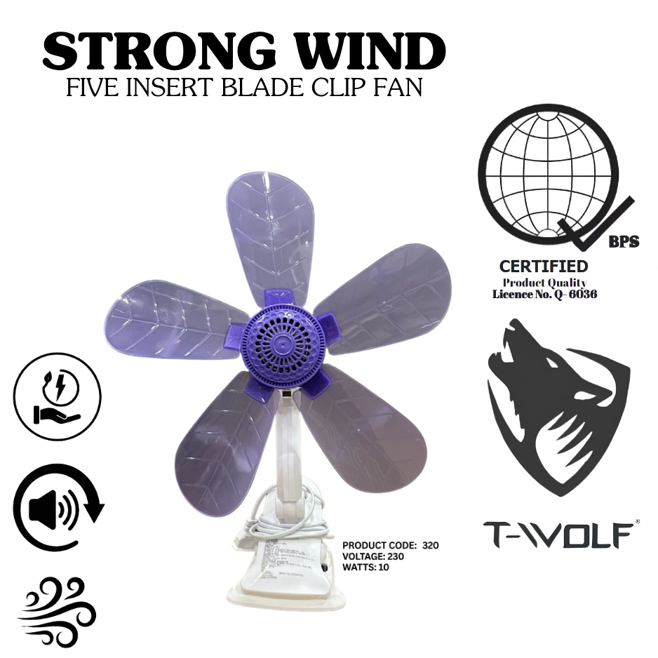 T-Wolf Strong Wind 5-Blade Clip Fan – Portable &amp; Quiet Electric Desk Fan