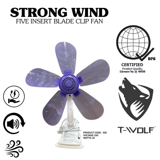 T-Wolf Strong Wind 5-Blade Clip Fan – Portable &amp; Quiet Electric Desk Fan