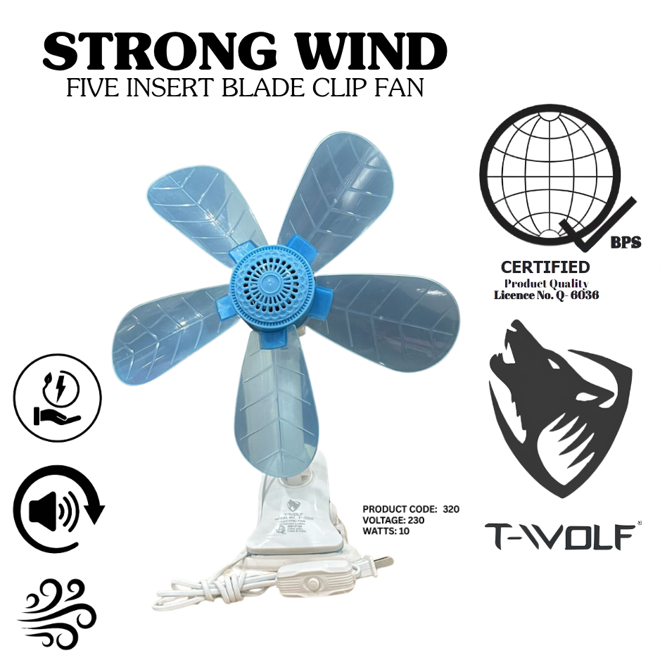 T-Wolf Strong Wind 5-Blade Clip Fan – Portable &amp; Quiet Electric Desk Fan