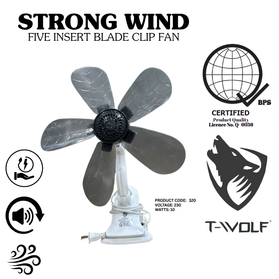T-Wolf Strong Wind 5-Blade Clip Fan – Portable &amp; Quiet Electric Desk Fan