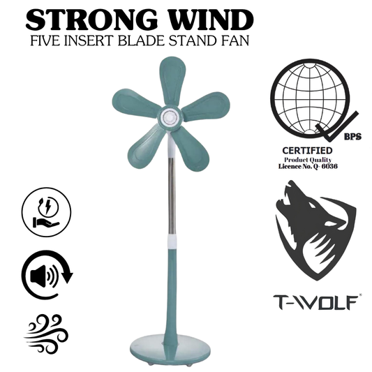 T-Wolf Strong Wind Stand Fan – Adjustable Height Electric Fan with Changeable 5-Insert Blades