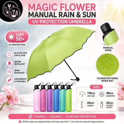 Magic Flower Manual Folding Umbrella 8 Ribs | UV Protection Sun & Rain Umbrella | Cute Pastel Color Compact Travel Umbrella