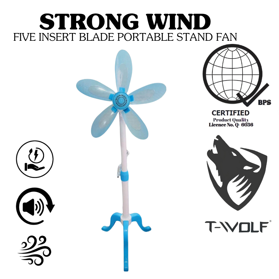 T-Wolf Strong Wind 5-Blade Portable Stand Fan – Height Adjustable Electric Standing Fan for Home, Office & dorm