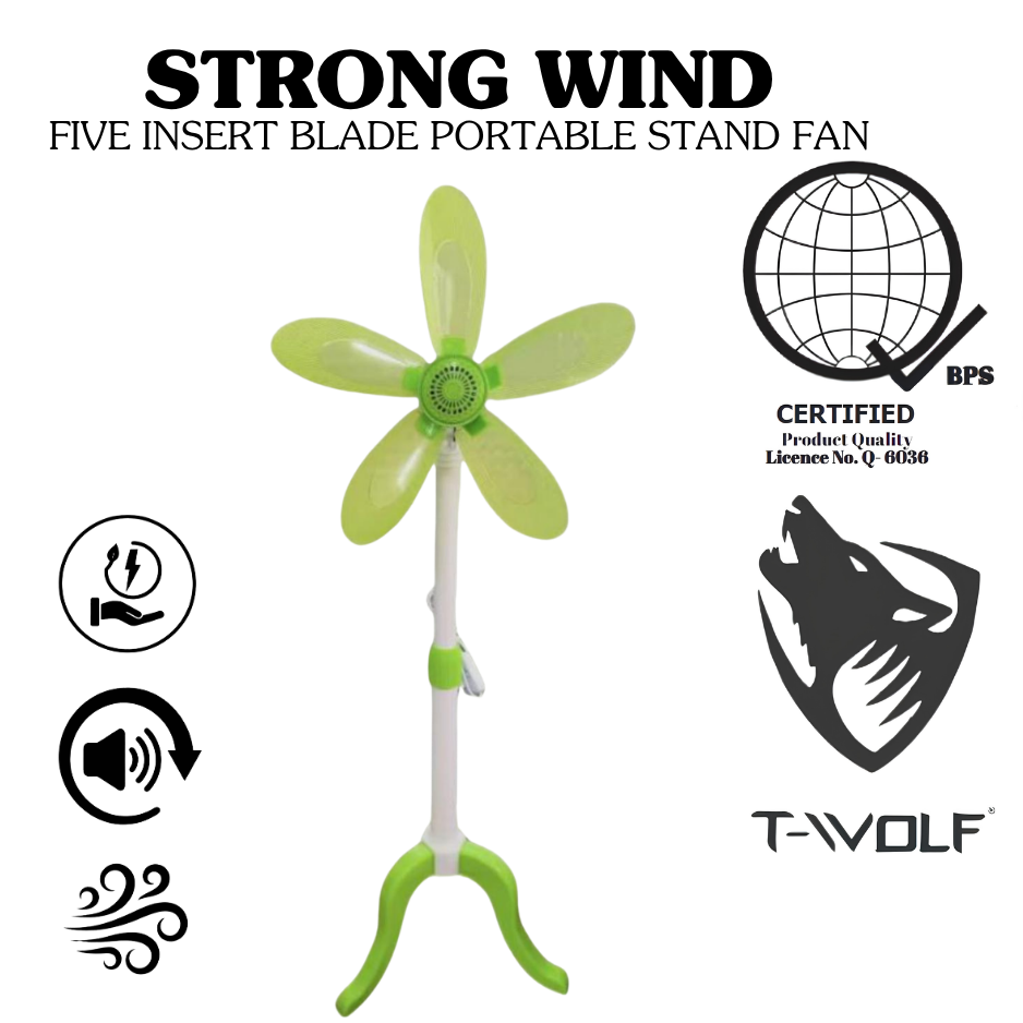 T-Wolf Strong Wind 5-Blade Portable Stand Fan – Height Adjustable Electric Standing Fan for Home, Office & dorm