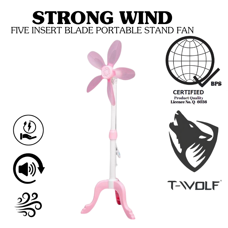T-Wolf Strong Wind 5-Blade Portable Stand Fan – Height Adjustable Electric Standing Fan for Home, Office & dorm