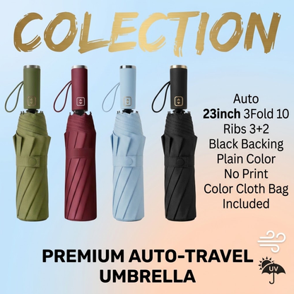 Premium 10-Rib Black Backing Automatic UV & Rain Compact Umbrella