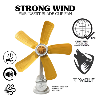 Strong Wind 5-Blade Clip Fan – Portable Electric Table Fan for Desk & Home Office, 230V