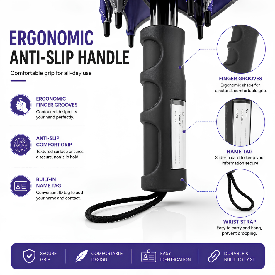 Premium Ergonomic Large Coverage Umbrella – Windproof, Heavy-Duty, and Built to Last-golf umbrella with label