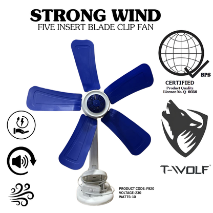 Strong Wind 5-Blade Clip Fan – Portable Electric Table Fan for Desk & Home Office, 230V