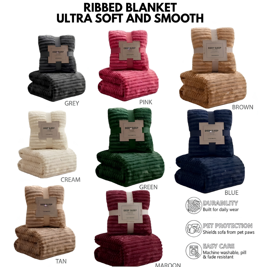 Cozy Ribbed Fleece Blanket – Soft, Pill-Resistant Throw Perfect for Living Room, Car, and Outdoor Travel