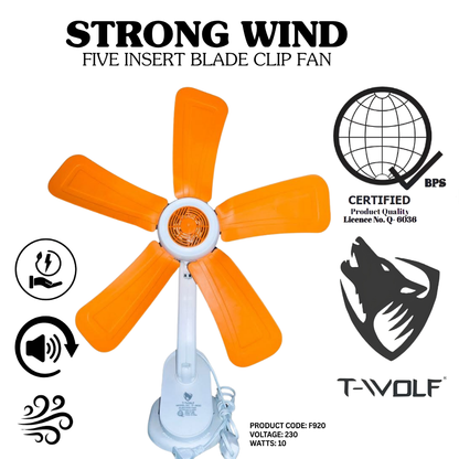 Strong Wind 5-Blade Clip Fan – Portable Electric Table Fan for Desk & Home Office, 230V
