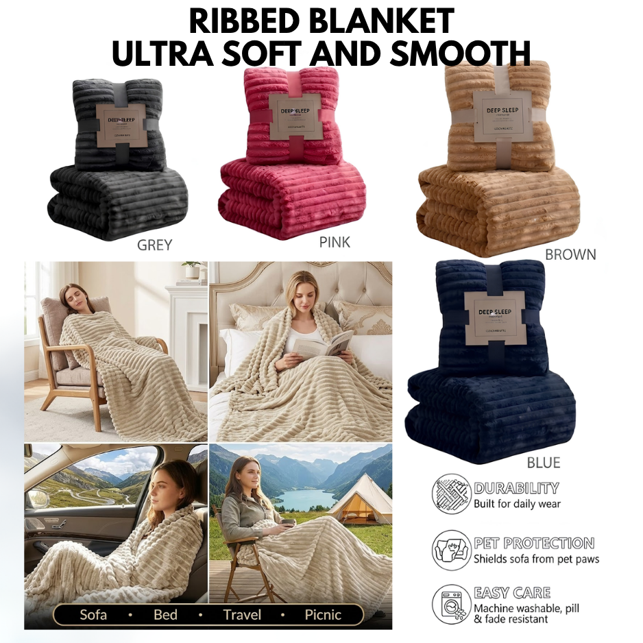 Cozy Ribbed Fleece Blanket – Soft, Pill-Resistant Throw Perfect for Living Room, Car, and Outdoor Travel
