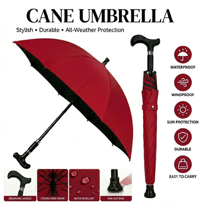 All-Weather Ergonomic Cane Umbrella: Heavy-Duty Windproof Design with Non-Slip Base for Maximum Stability
