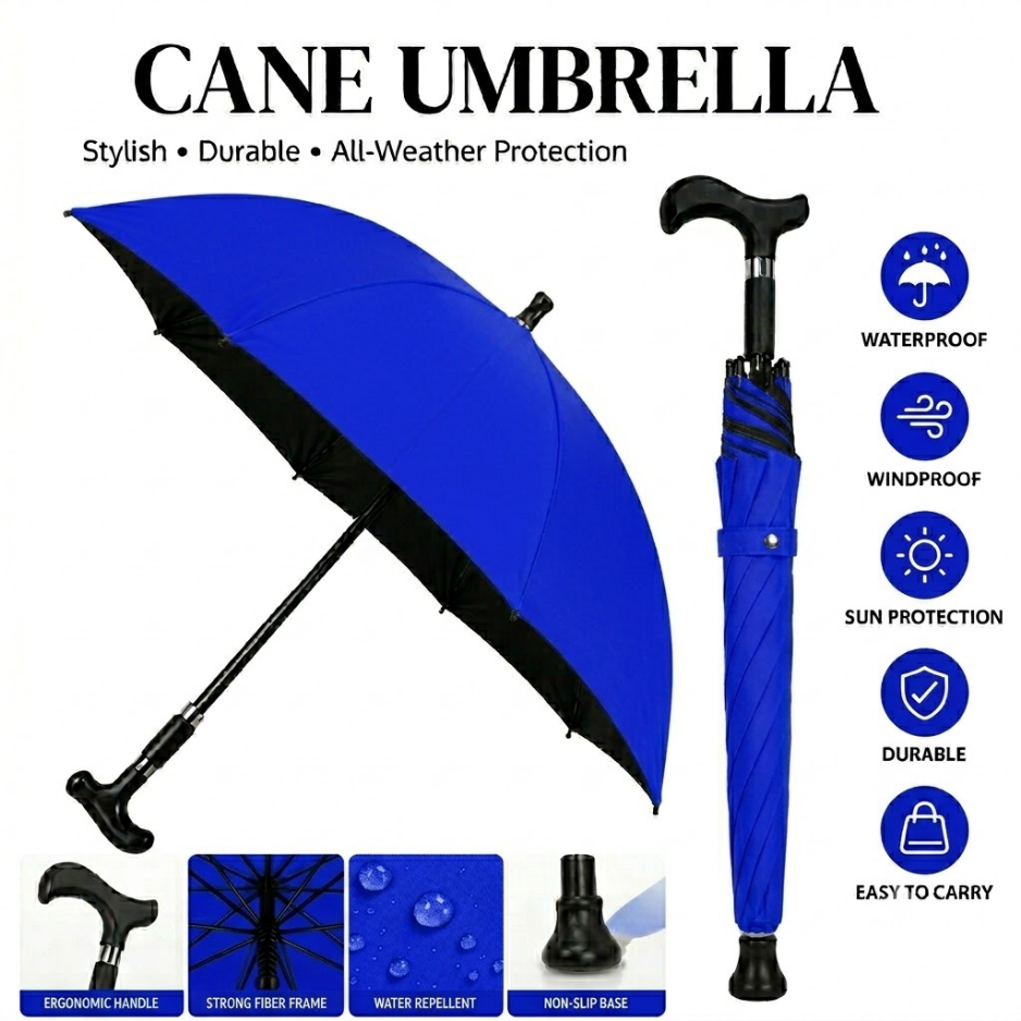 All-Weather Ergonomic Cane Umbrella: Heavy-Duty Windproof Design with Non-Slip Base for Maximum Stability