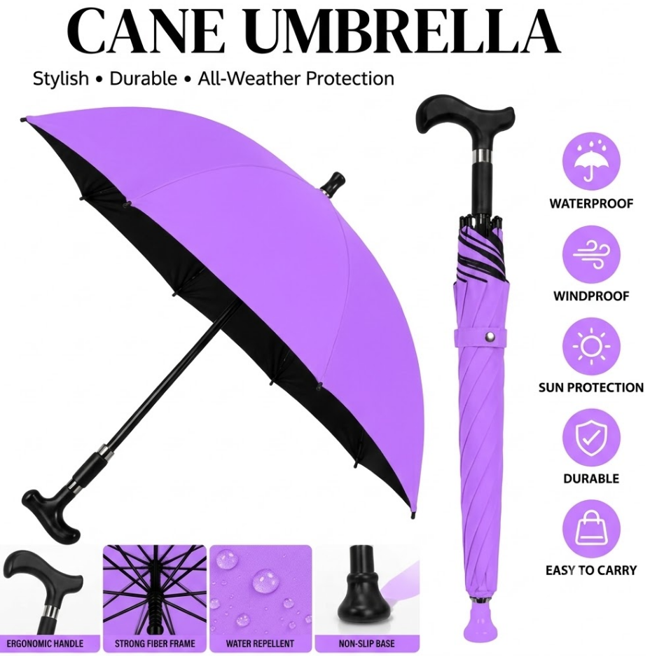 All-Weather Ergonomic Cane Umbrella: Heavy-Duty Windproof Design with Non-Slip Base for Maximum Stability