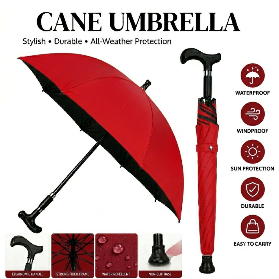 All-Weather Ergonomic Cane Umbrella: Heavy-Duty Windproof Design with Non-Slip Base for Maximum Stability