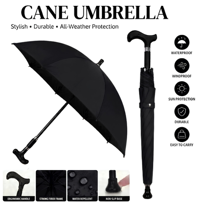 All-Weather Ergonomic Cane Umbrella: Heavy-Duty Windproof Design with Non-Slip Base for Maximum Stability