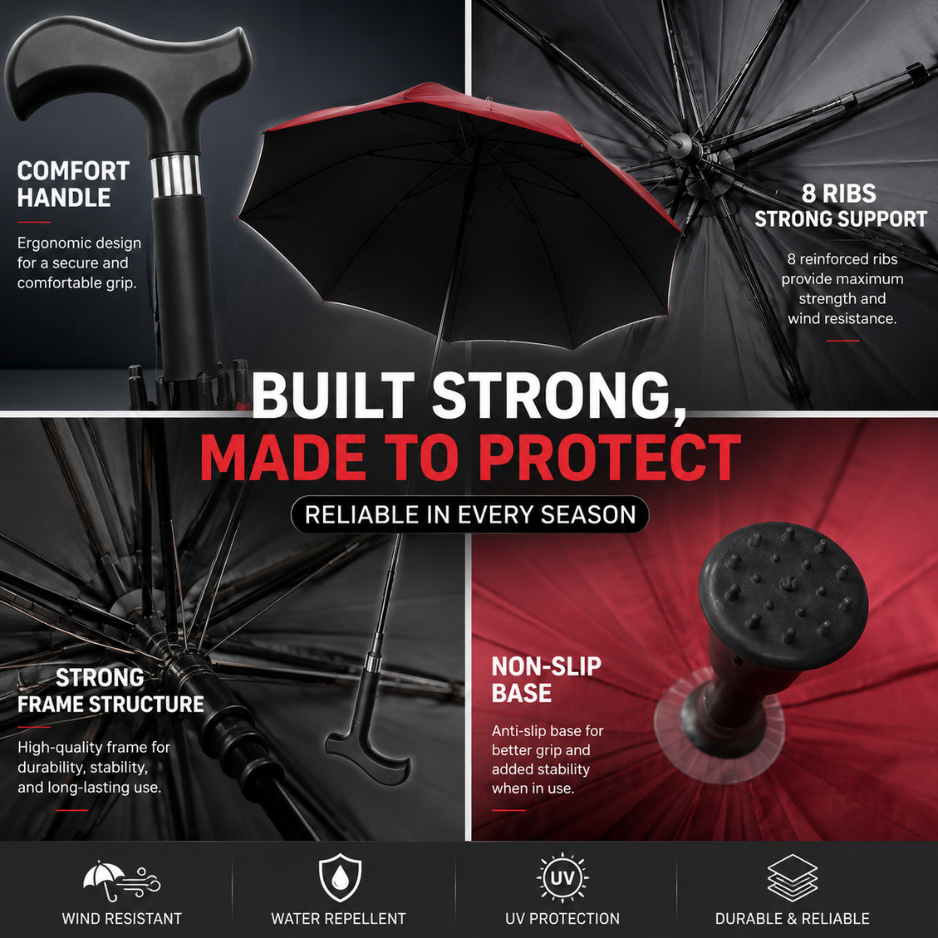 All-Weather Ergonomic Cane Umbrella: Heavy-Duty Windproof Design with Non-Slip Base for Maximum Stability