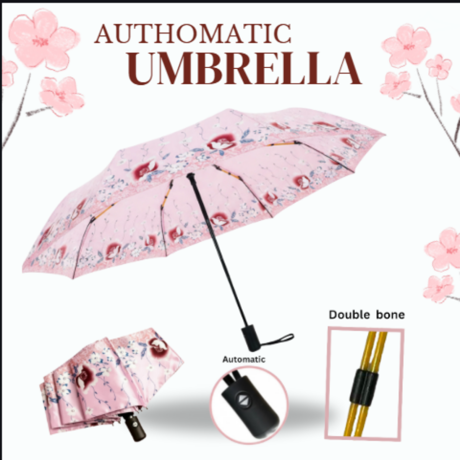 Elegant 3-Fold Automatic Floral Umbrella: Premium Satin-Finish Design with Durable Double-Bone Frame