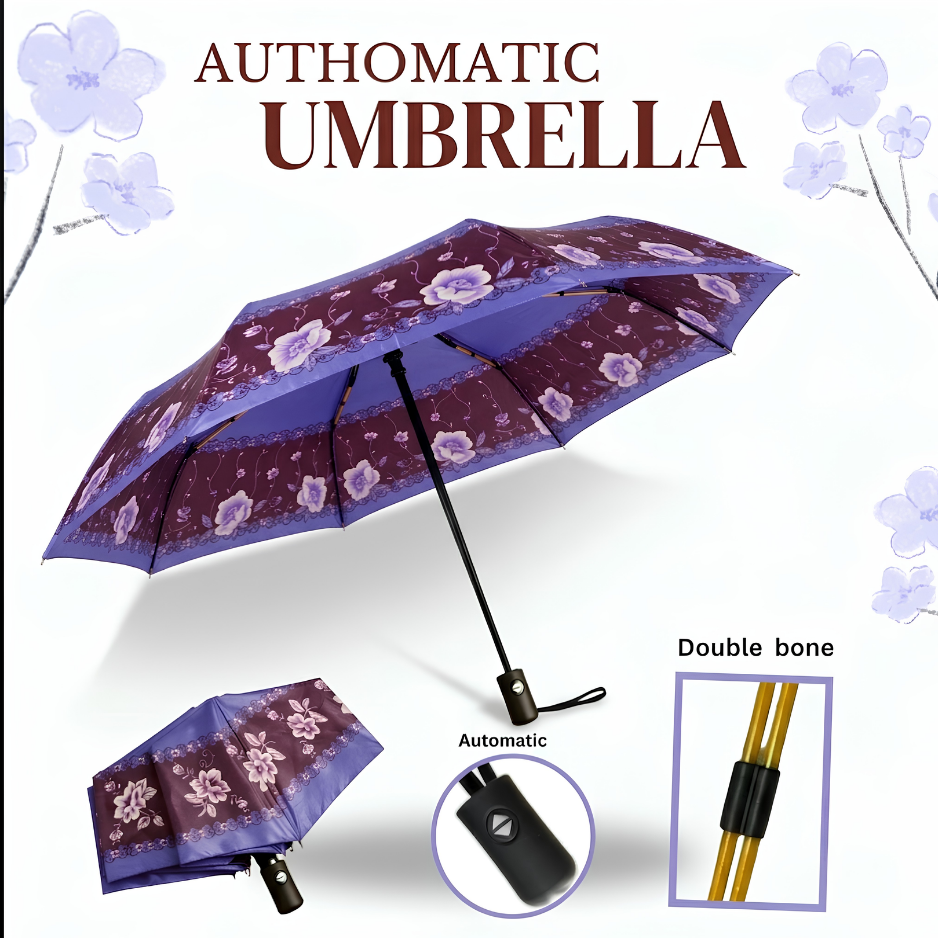 Elegant 3-Fold Automatic Floral Umbrella: Premium Satin-Finish Design with Durable Double-Bone Frame