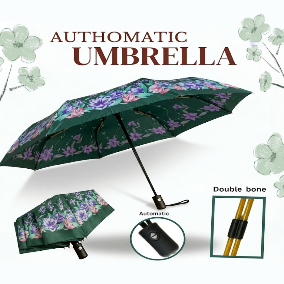 Elegant 3-Fold Automatic Floral Umbrella: Premium Satin-Finish Design with Durable Double-Bone Frame