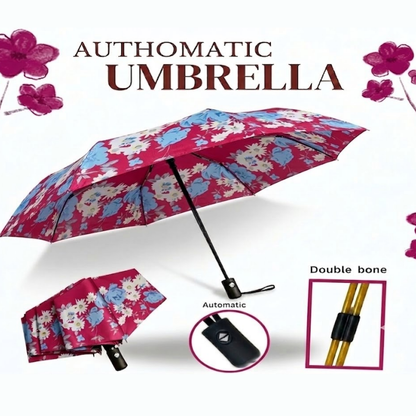 Elegant 3-Fold Automatic Floral Umbrella: Premium Satin-Finish Design with Durable Double-Bone Frame