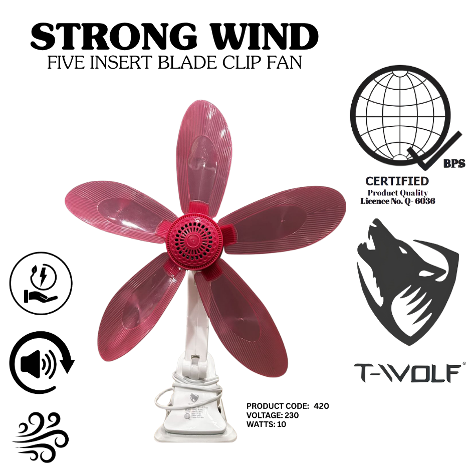 T-Wolf Strong Wind 5-Blade Clip Fan – Portable & Quiet Electric Desk Fan