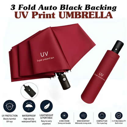 3-Fold Automatic UV-Protection Umbrella: Portable, Wind-Resistant Design with Black Backing (Multiple Colors)