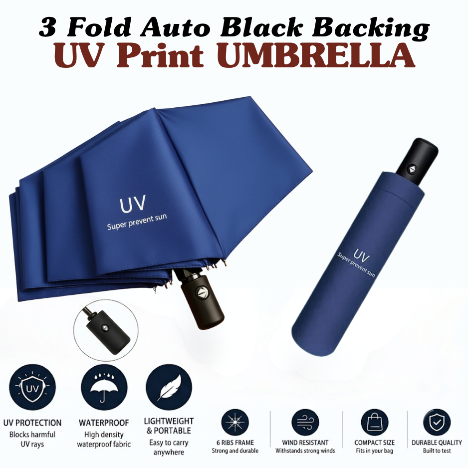 3-Fold Automatic UV-Protection Umbrella: Portable, Wind-Resistant Design with Black Backing (Multiple Colors)