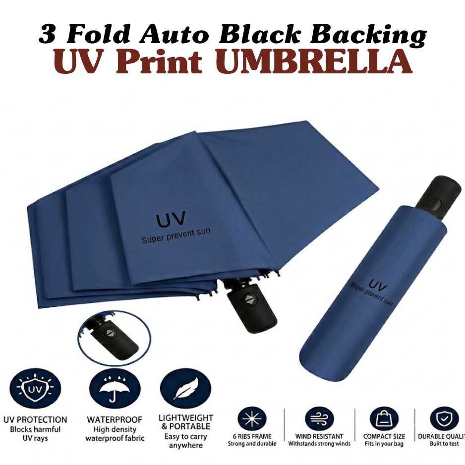 3-Fold Automatic UV-Protection Umbrella: Portable, Wind-Resistant Design with Black Backing (Multiple Colors)