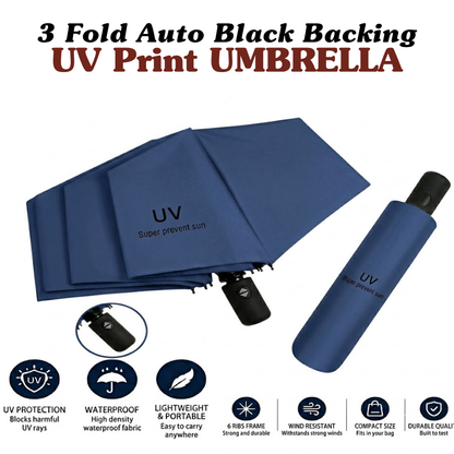 3-Fold Automatic UV-Protection Umbrella: Portable, Wind-Resistant Design with Black Backing (Multiple Colors)