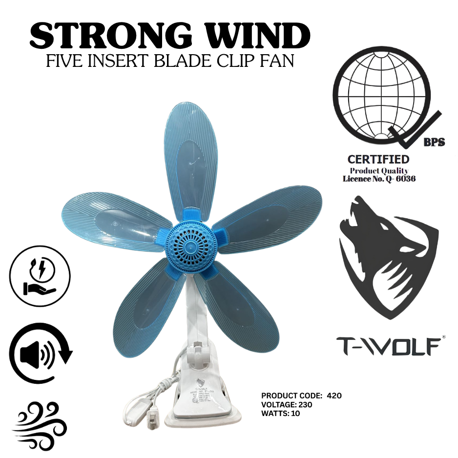 T-Wolf Strong Wind 5-Blade Clip Fan – Portable & Quiet Electric Desk Fan
